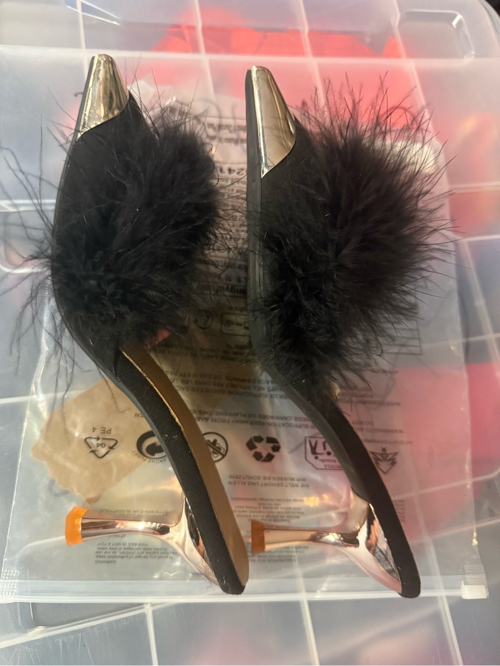 Black Feather & gold  Metal-Toe Stiletto Mules